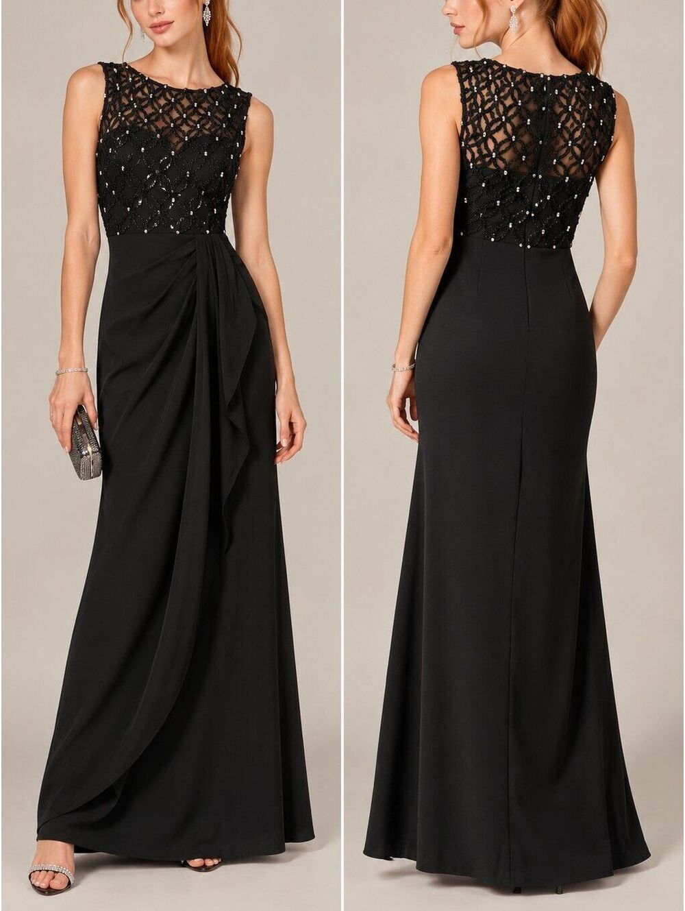 Adrianna Papell Formal sz 12 NWT Draped Crepe Beaded Combo Gown Lattice Black